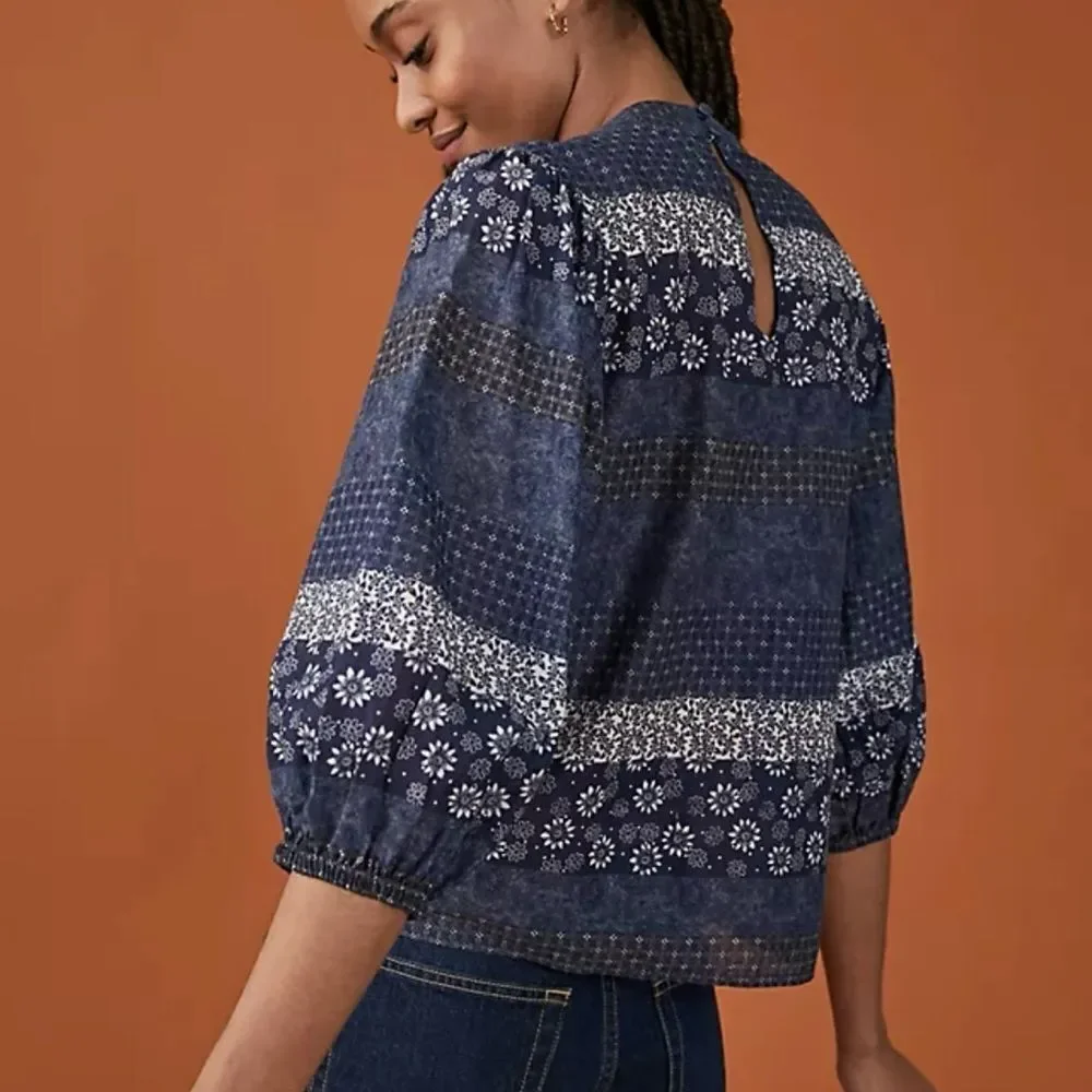 Anthropologie Eryn Boho Floral Blouse saison de la fleur Blue Cotton Top Small